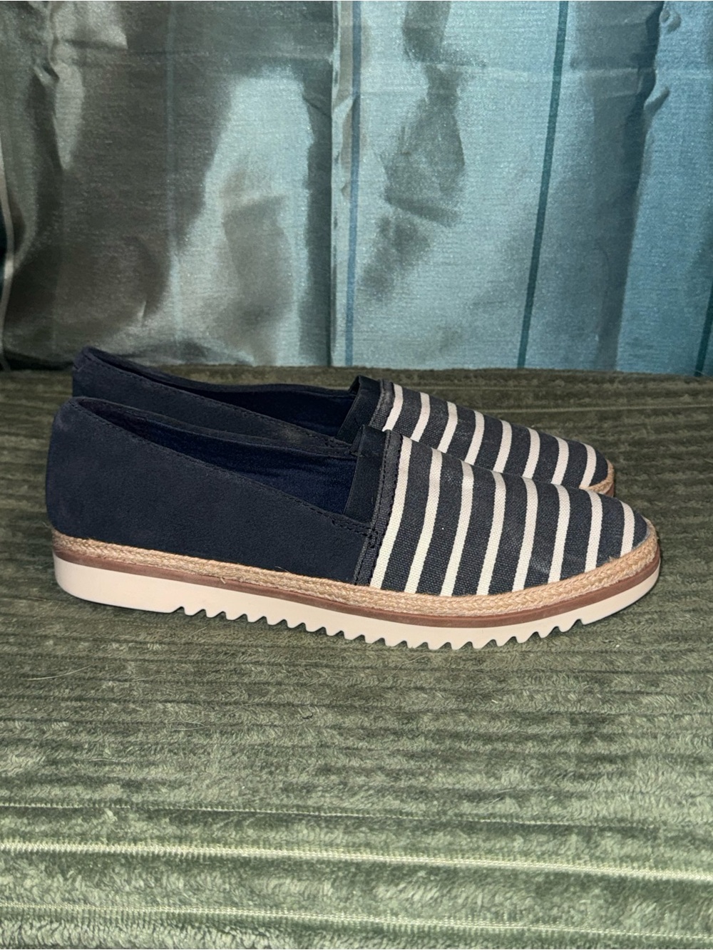 Clarks Navy and White Striped Slip-On Loafers